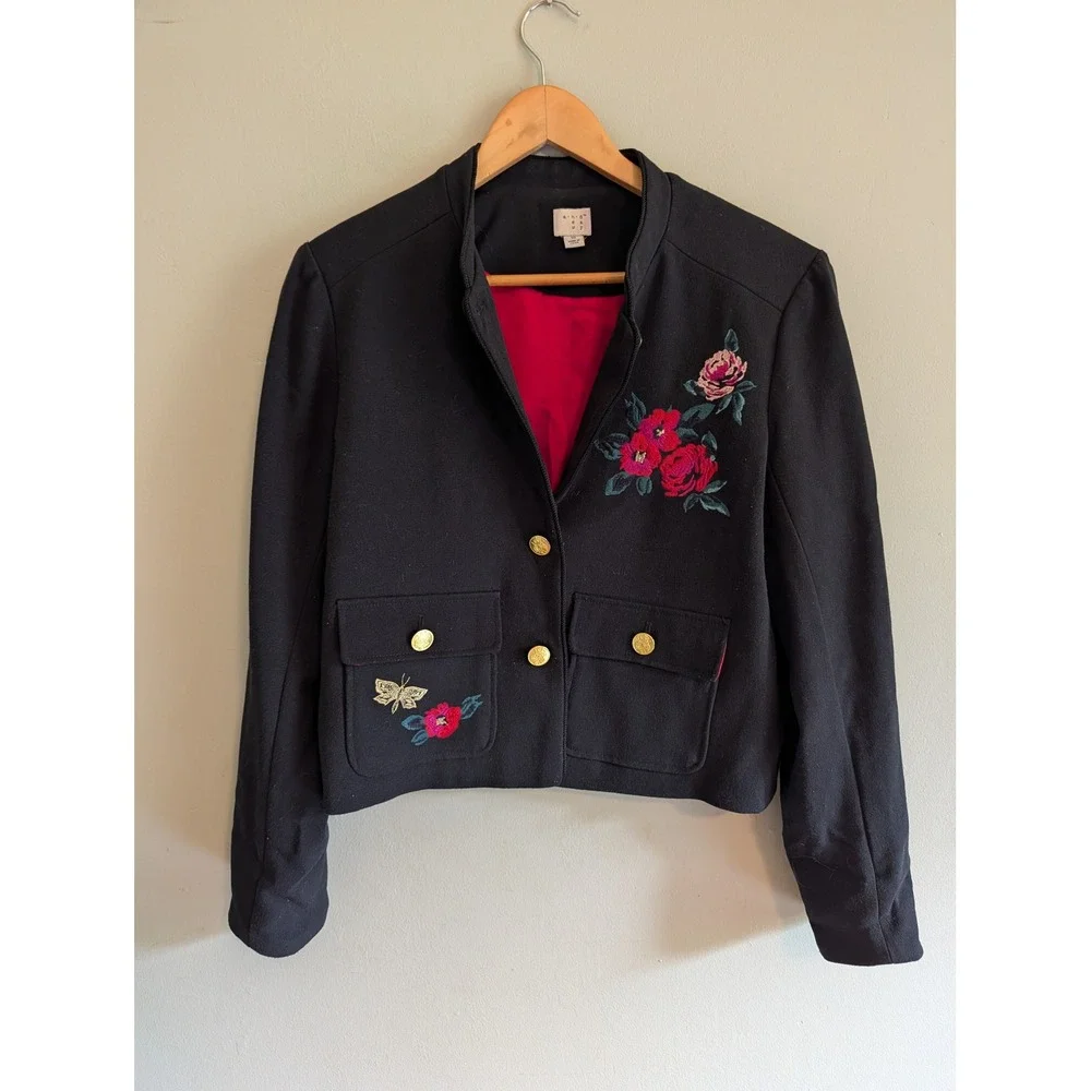 A New Day Black Embroidered Floral Military Jacket Gold Buttons Cropped 10